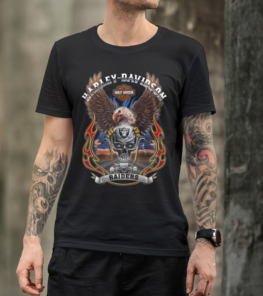 Las Vegas Raiders Nfl Harley Davidson Motorcycles Eagles Road Skull Flames T-Shirt