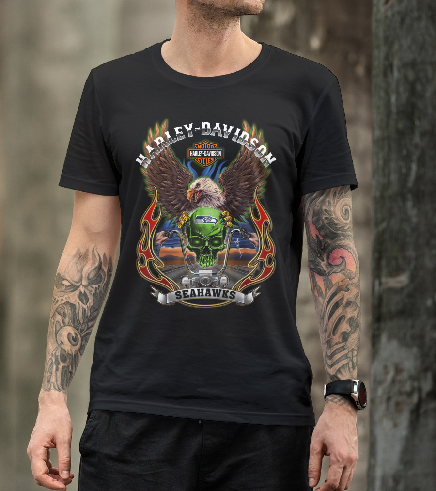 Harley Davidson Motorcycles Seahawks Eagle Riding T-Shirt