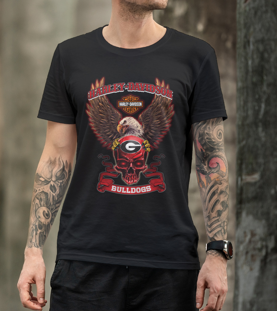 Harley Davidson Georgia Bulldogs Skull Eagle Motor Cycles T-Shirt