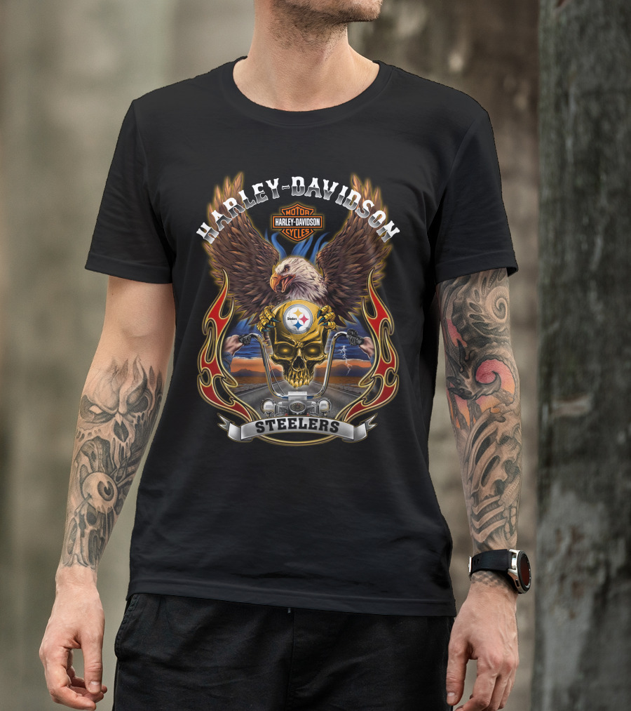 Harley Davidson Motorcycles Steelers Eagle Skull Road T-Shirt