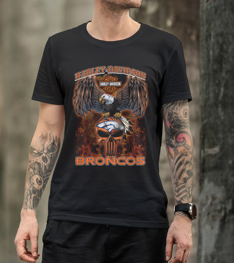 Harley Davidson Motor Cycles Eagle Broncos Nfl T-Shirt