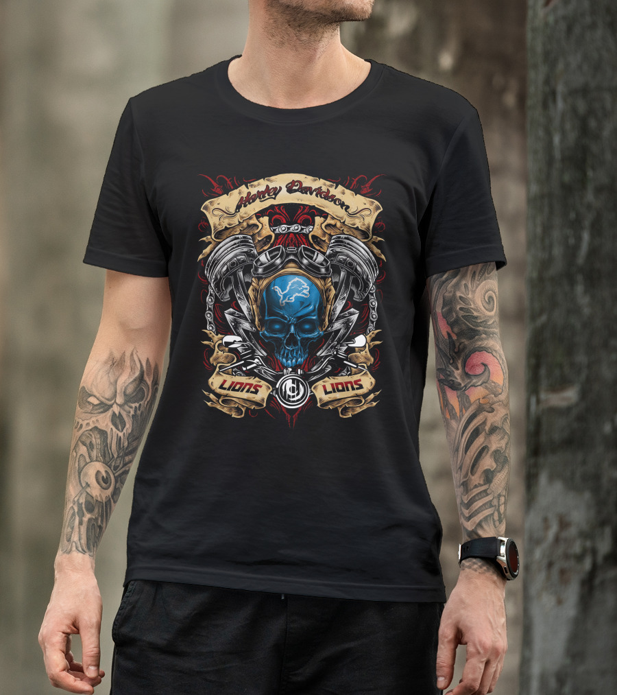 Harley Davidson Lions Detroit Lions Nfl Skull Engine T-Shirt