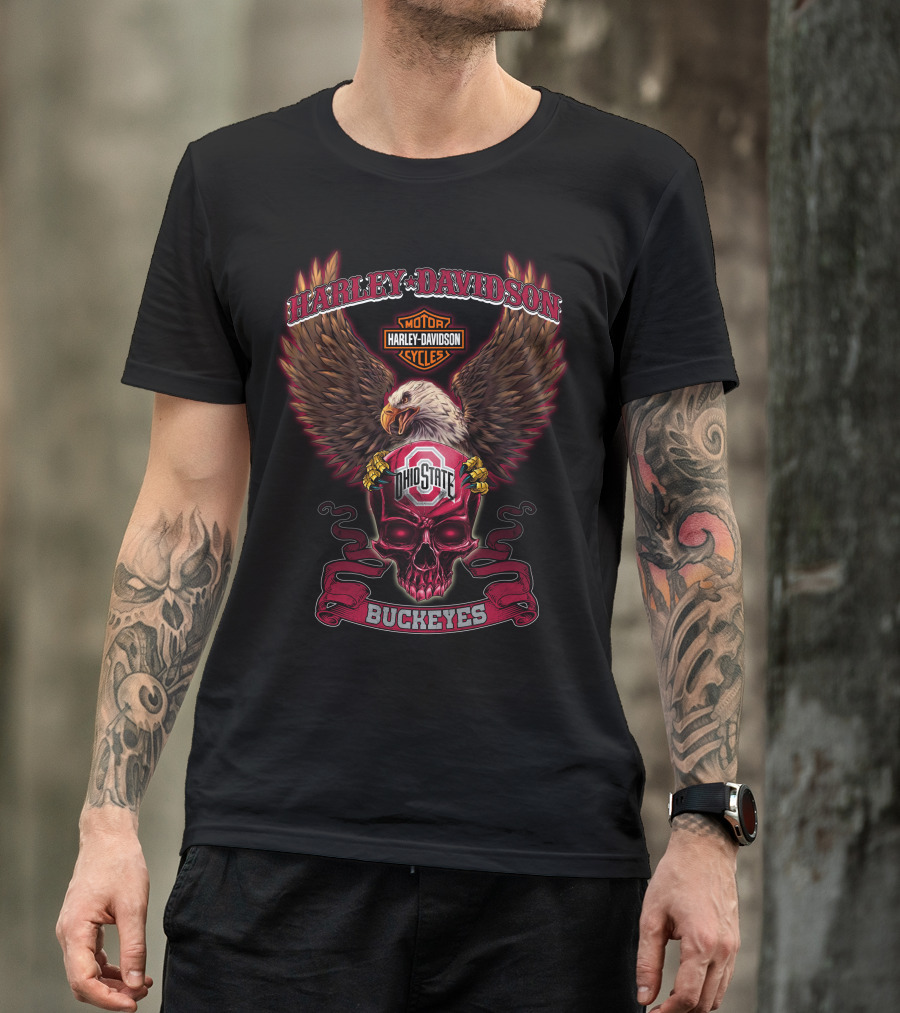 Harley Davidson Motor Cycles Ohio State Buckeyes Eagle Skull T-Shirt