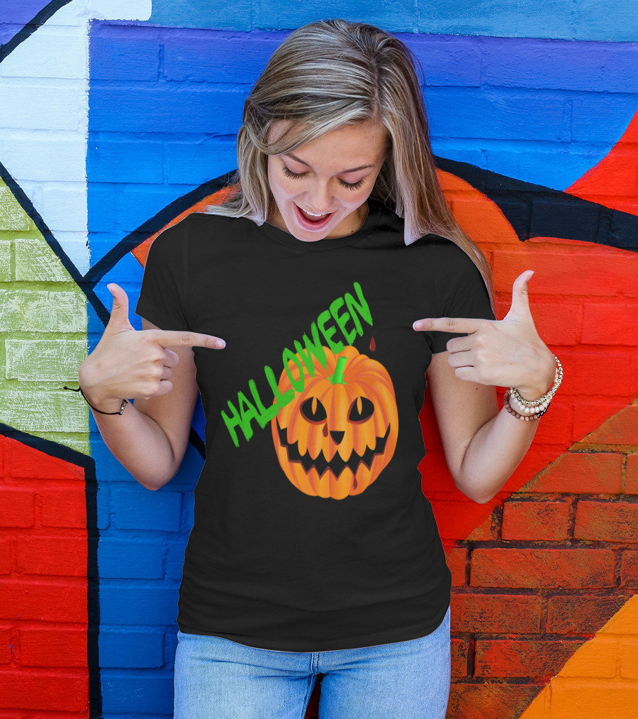 Halloween Pumpkin Cheshire Cat Face T-Shirt