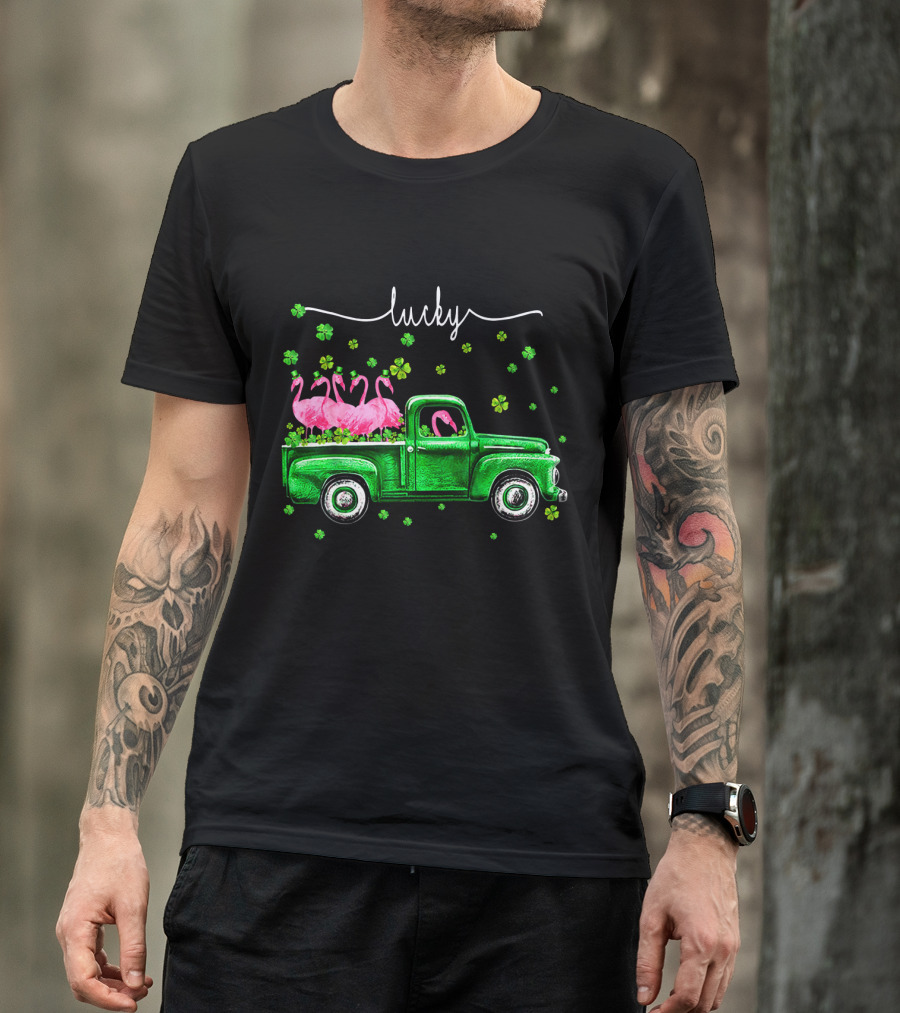 Lucky Flamingo Green Truck With Shamrocks T-Shirt