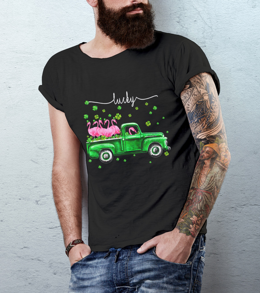 Lucky Flamingo Green Truck With Shamrocks T-Shirt