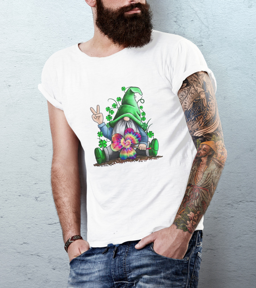 Shamrock Hippie Gnome Peace Sign Tie-Dye Clover Saint Patrick's Day T-Shirt