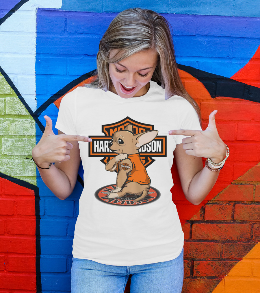 Harley Davidson Chihuahua With Orange Jacket And Motor T-Shirt