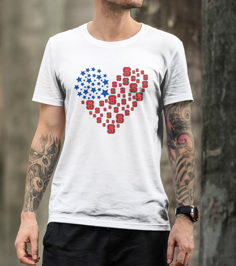 Nc State Heart Flag Blue Stars Red Logos T-Shirt