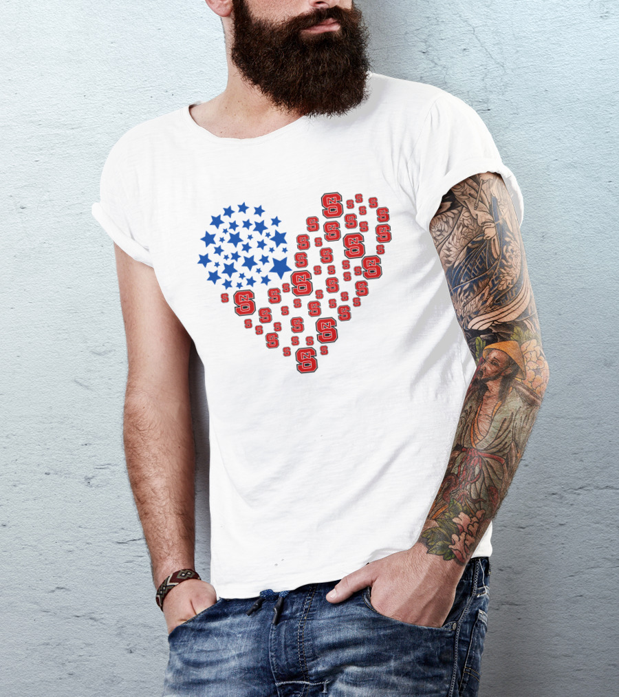 Nc State Heart Flag Blue Stars Red Logos T-Shirt