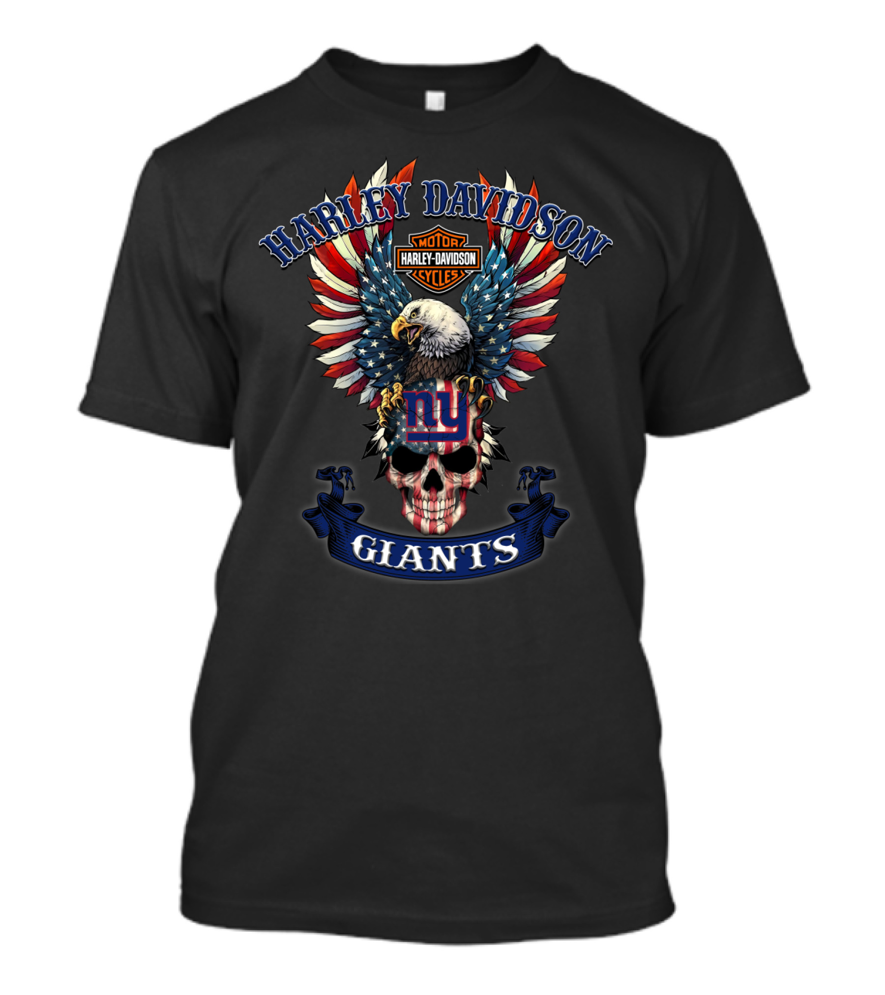 Harley Davidson Motor Cycles Ny Giants Eagle Skull Flag T-Shirt