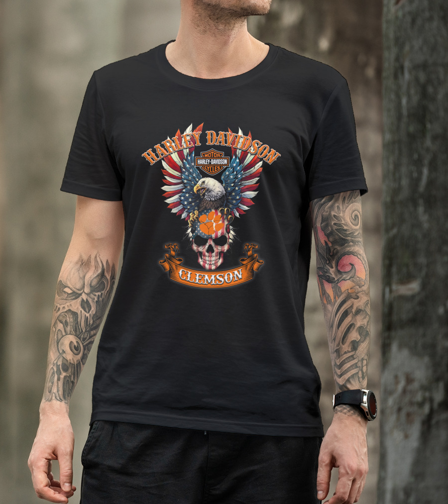 Harley Davidson Motor Cycles Eagle Skull American Flag Clemson T-Shirt