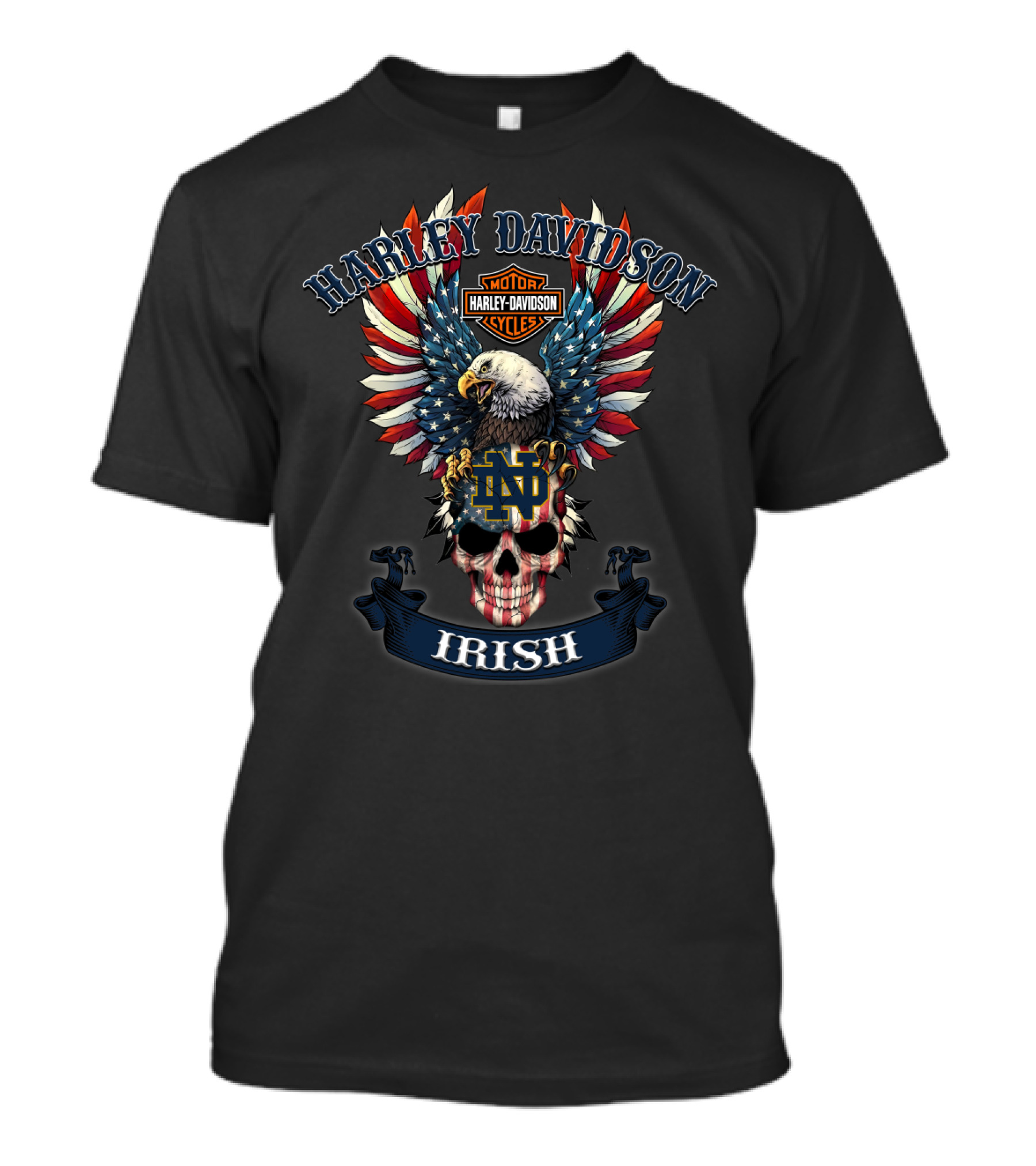 Harley Davidson Motor Cycles Notre Dame Fighting Irish Bald Eagle Skull T-Shirt