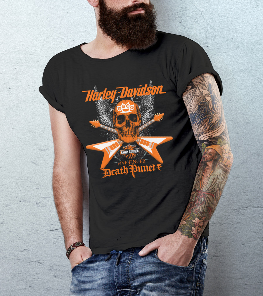 Harley Davidson Motor Cycles Five Finger Death Punch Electric Guitar Skull Wings T-Shirt