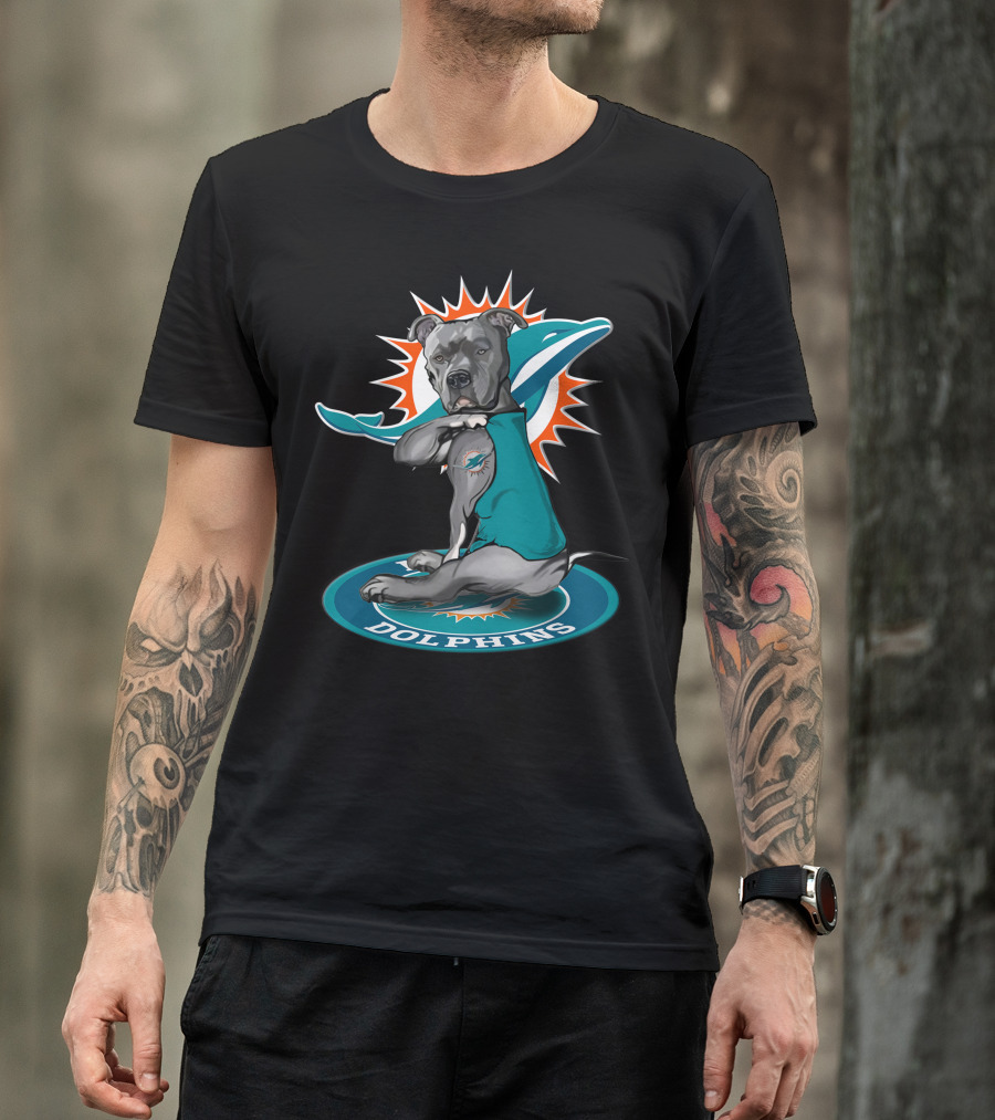 Miami Dolphins Dog With Logo Tattoo And Jersey T-Shirt