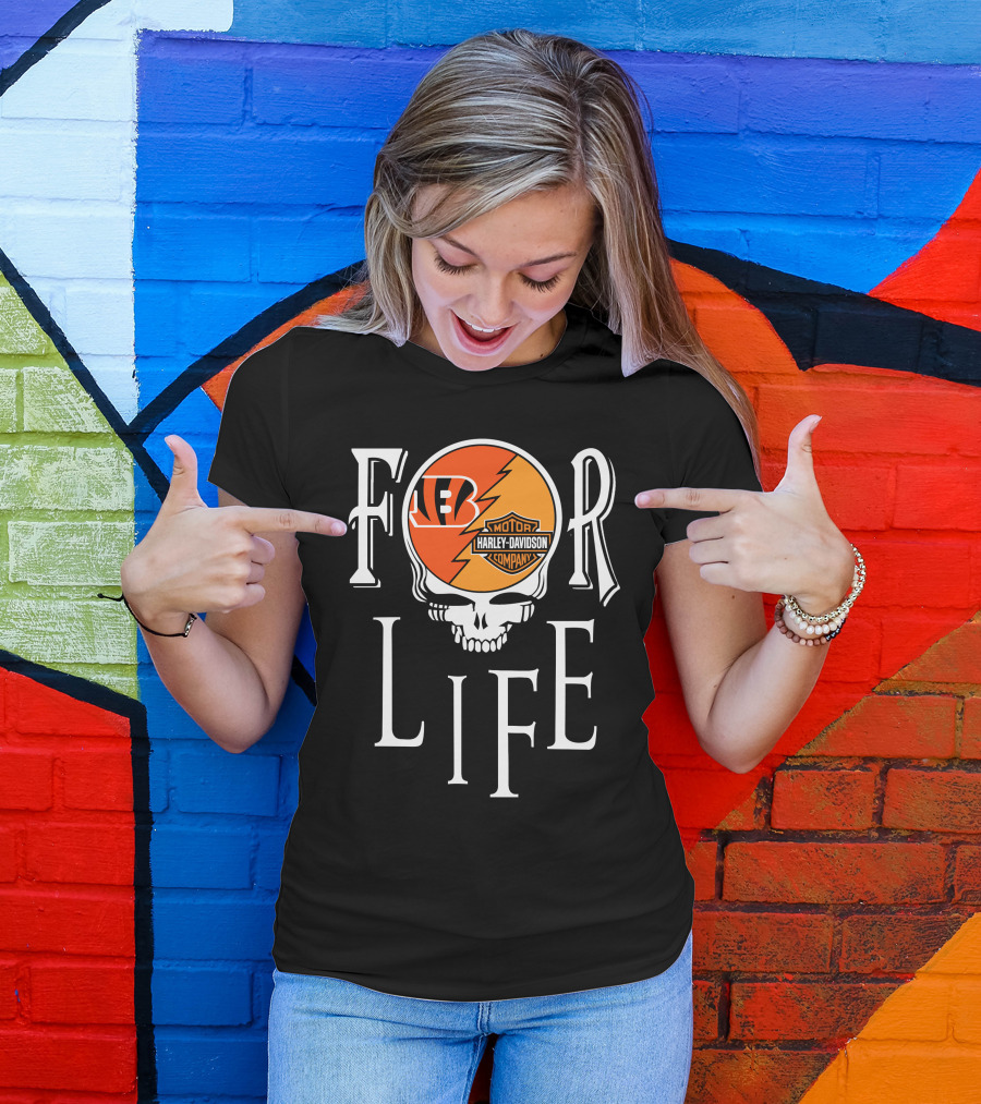 Cincinnati Bengals Harley Davidson Nfl For Life Skull T-Shirt