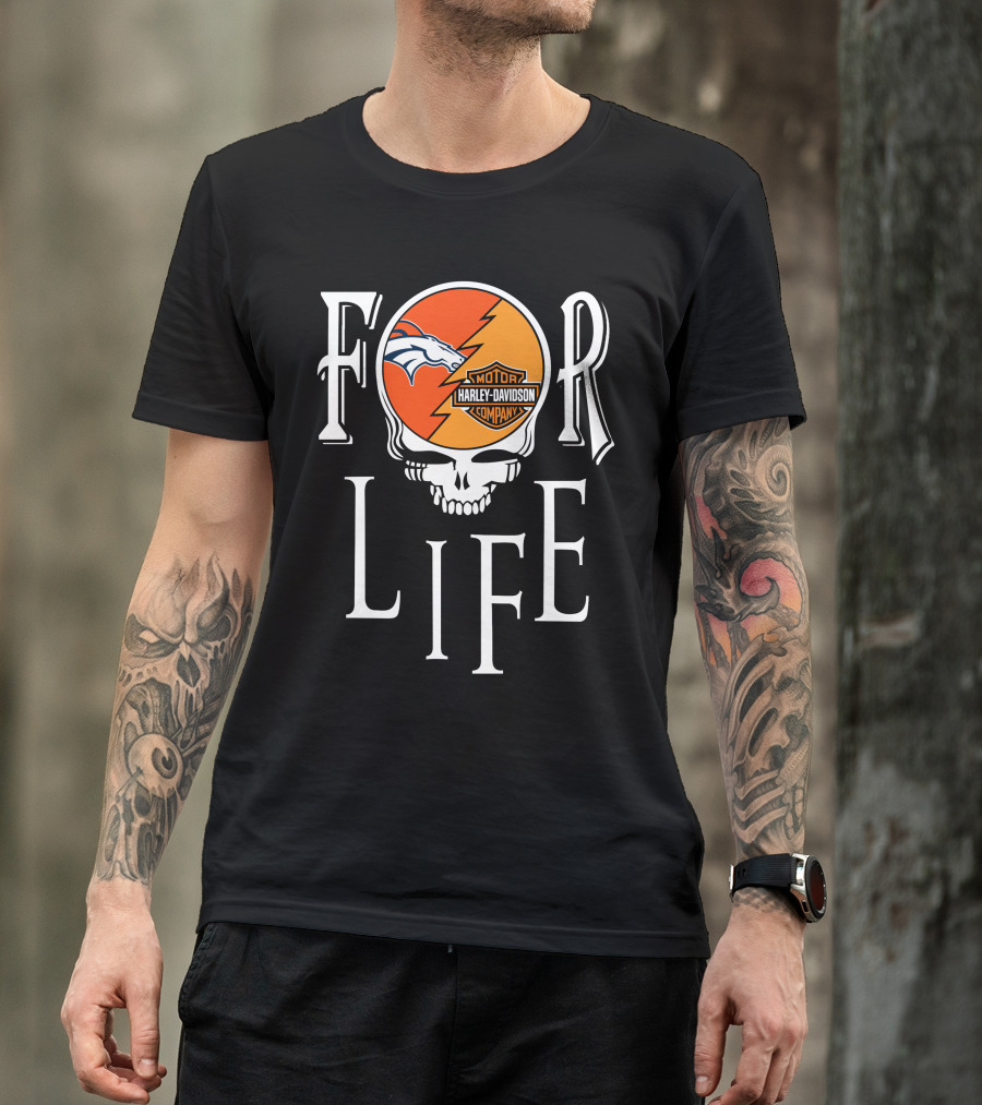 Denver Broncos Harley Davidson Nfl For Life Skull T-Shirt