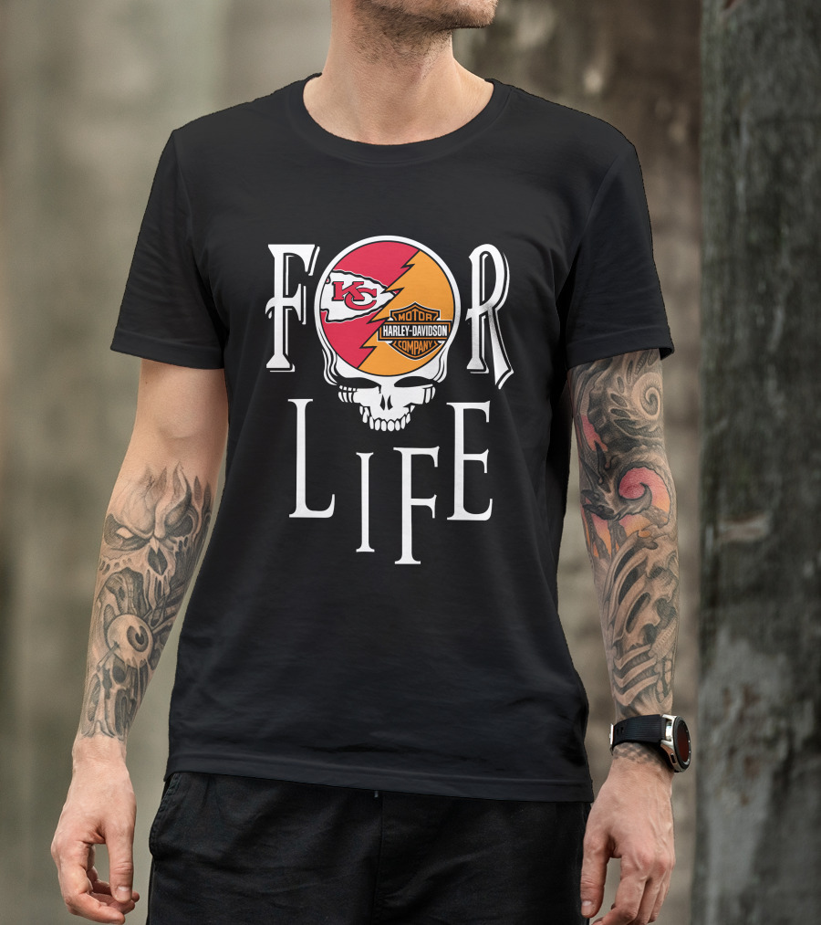 Kansas City Chiefs Harley Davidson Nfl For Life Skull T-Shirt