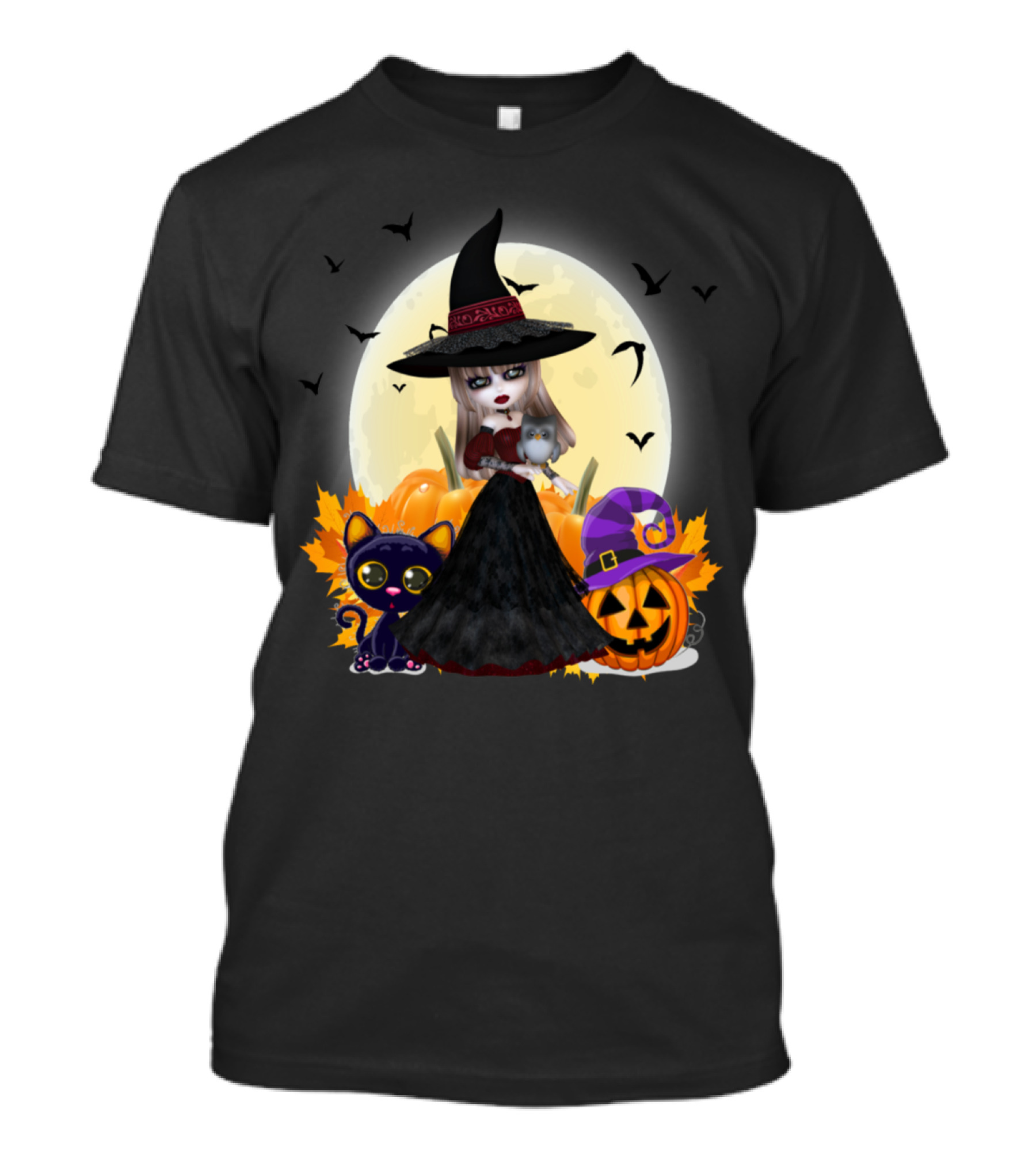Halloween Witch Cat Pumpkin Moonlit Night T-Shirt