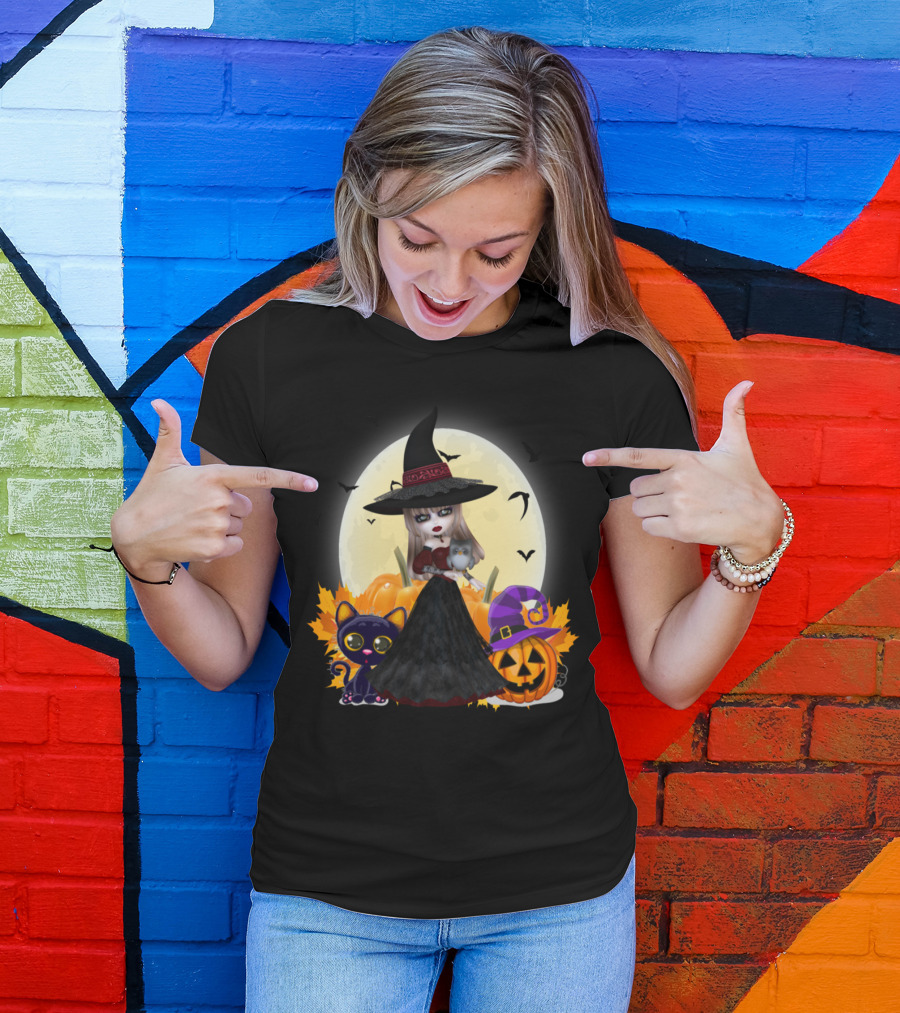 Halloween Witch Cat Pumpkin Moonlit Night T-Shirt