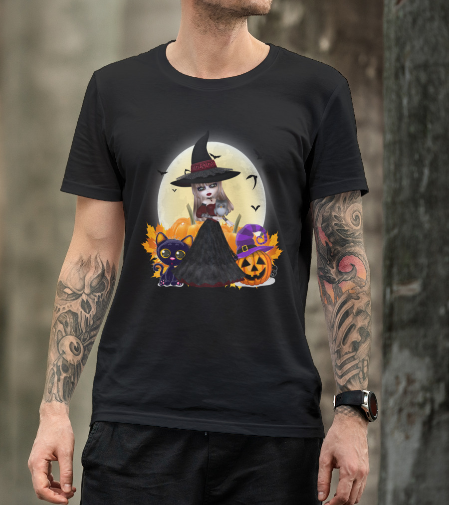 Halloween Witch Cat Pumpkin Moonlit Night T-Shirt