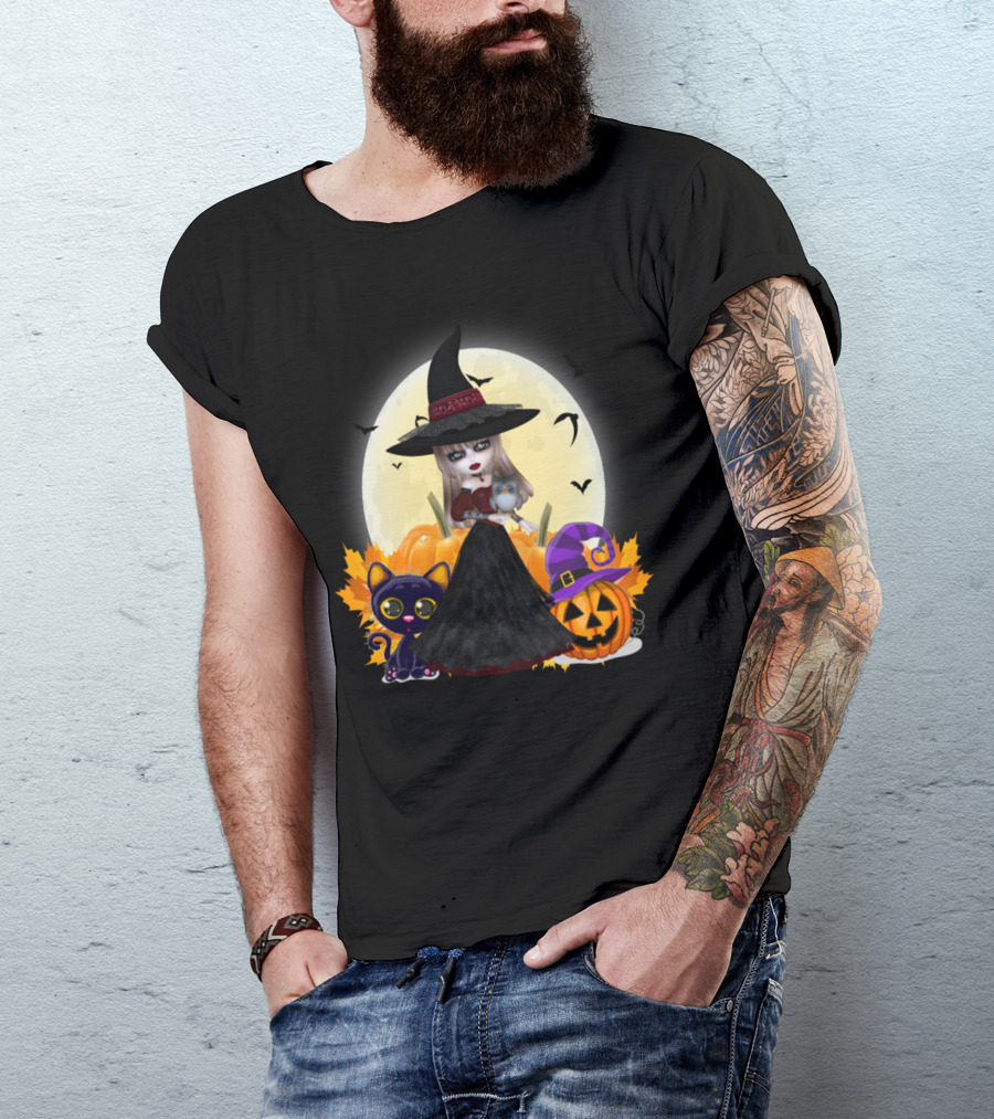 Halloween Witch Cat Pumpkin Moonlit Night T-Shirt
