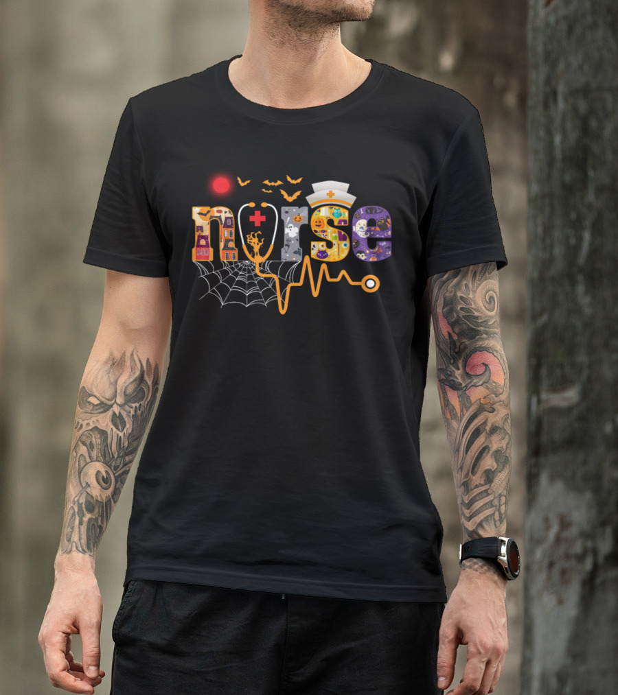 Halloween Nurse Bats Pumpkin Spider Witch Hat Nurse Cap T-Shirt