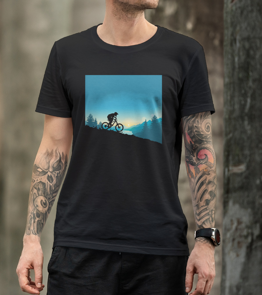Mountain Rides Silhouette Of Cyclist Against Sunrise In Pine Forest T-Shirt