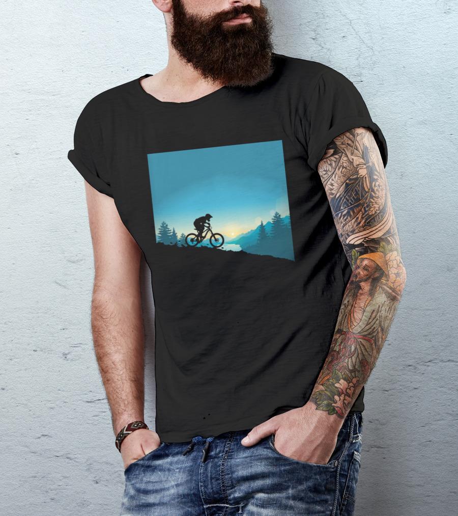 Mountain Rides Silhouette Of Cyclist Against Sunrise In Pine Forest T-Shirt