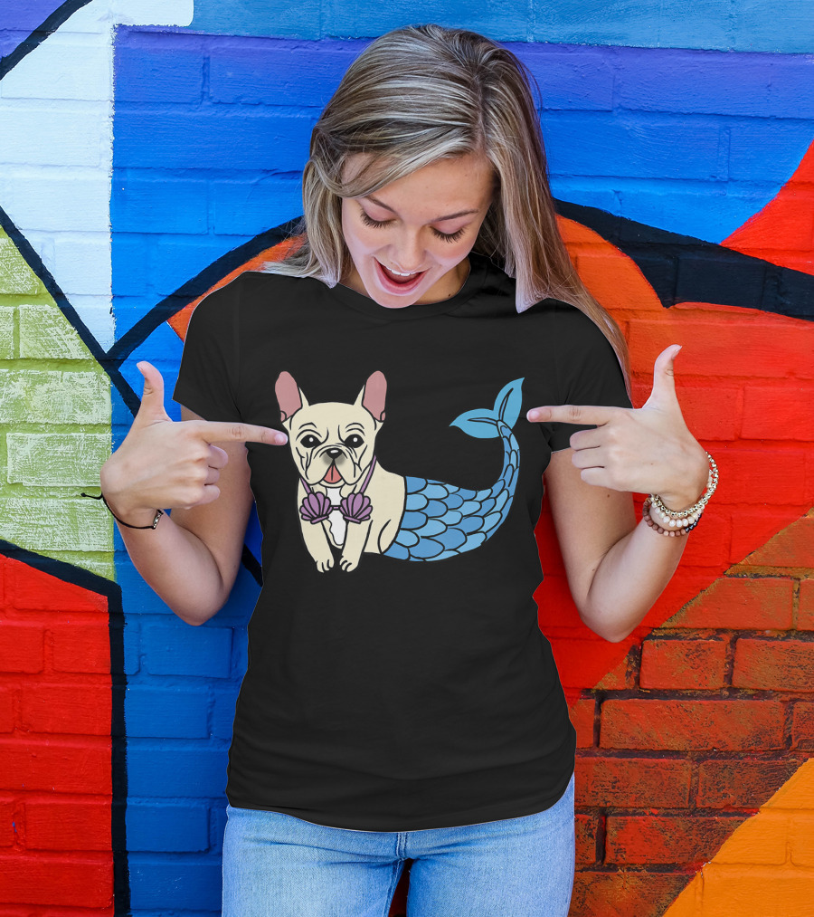 Cream French Bulldog Mermaid With Shell Bra Funny Do T-Shirt