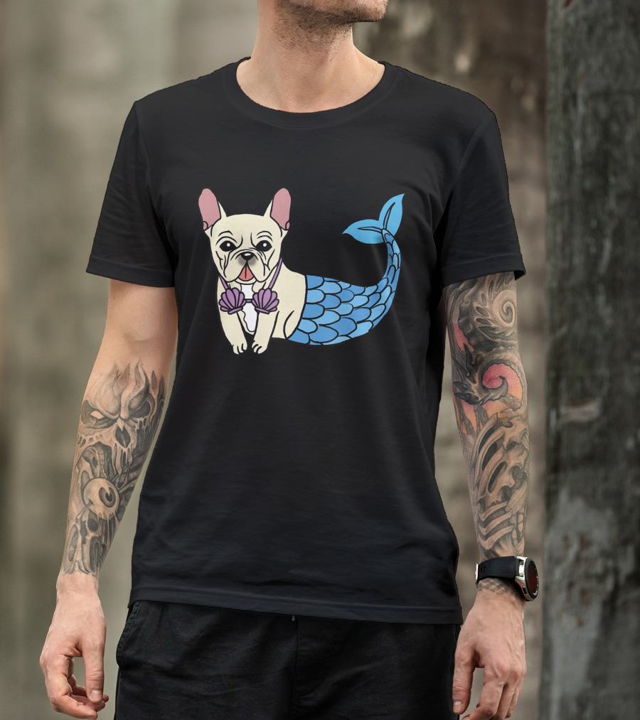 Cream French Bulldog Mermaid With Shell Bra Funny Do T-Shirt