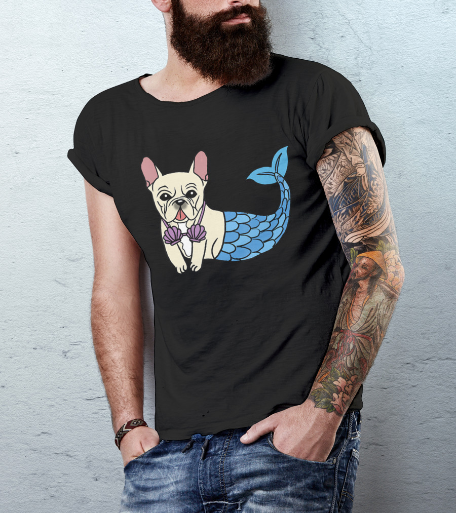Cream French Bulldog Mermaid With Shell Bra Funny Do T-Shirt