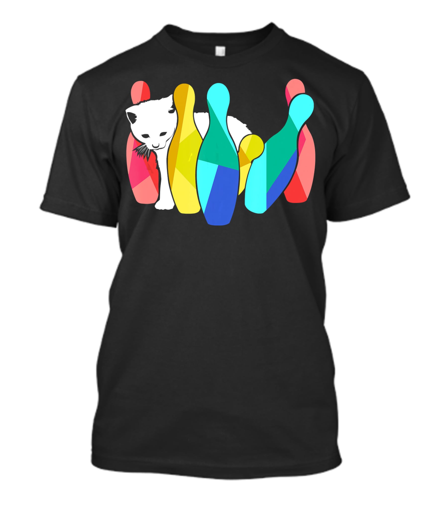 Playful Cute Cat Knocking Over Colorful Bowling Pins Kitty T-Shirt