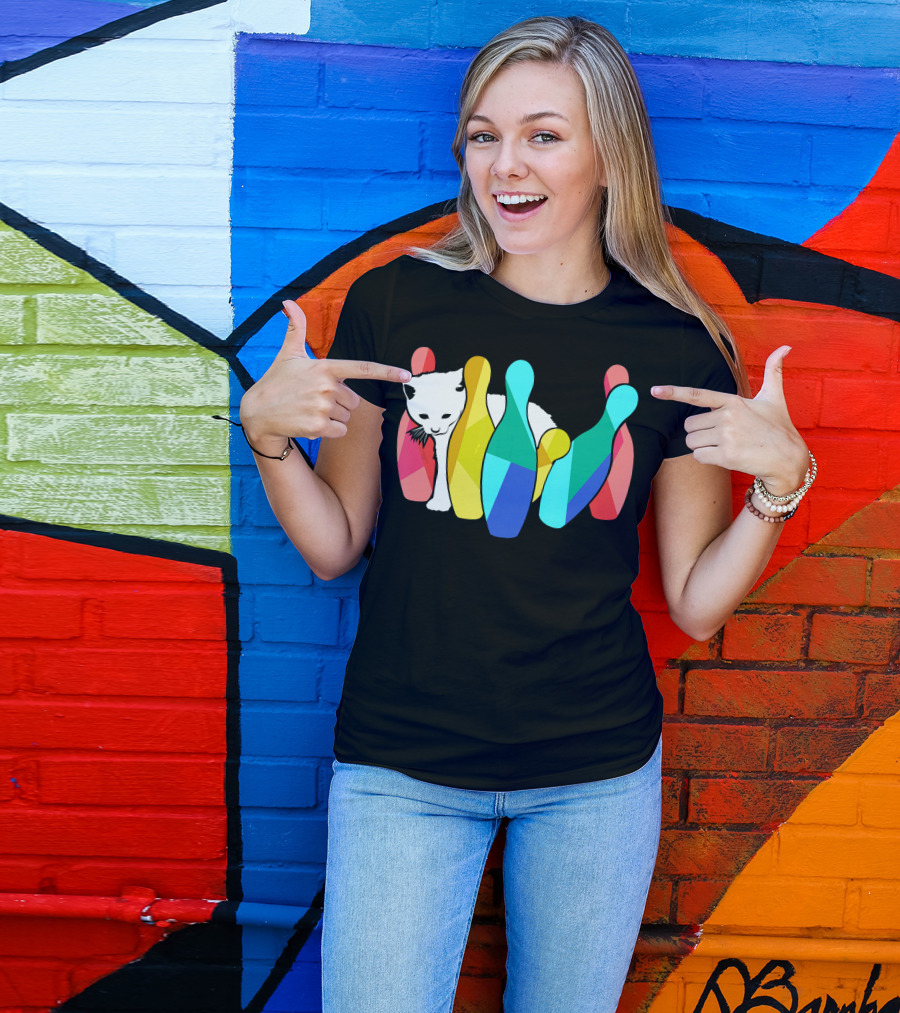 Playful Cute Cat Knocking Over Colorful Bowling Pins Kitty T-Shirt
