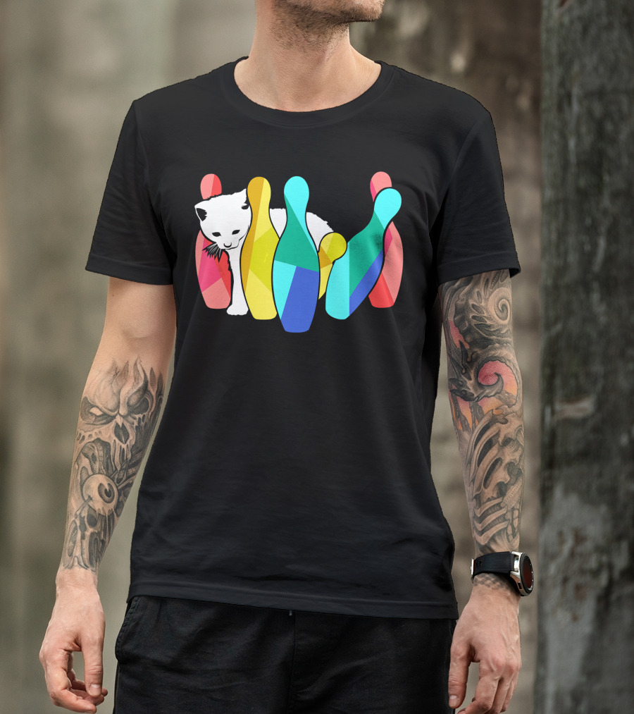 Playful Cute Cat Knocking Over Colorful Bowling Pins Kitty T-Shirt