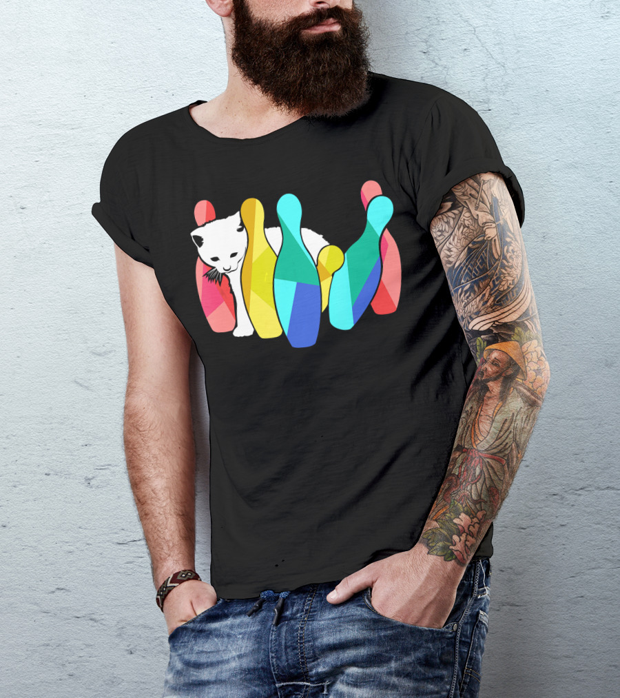 Playful Cute Cat Knocking Over Colorful Bowling Pins Kitty T-Shirt