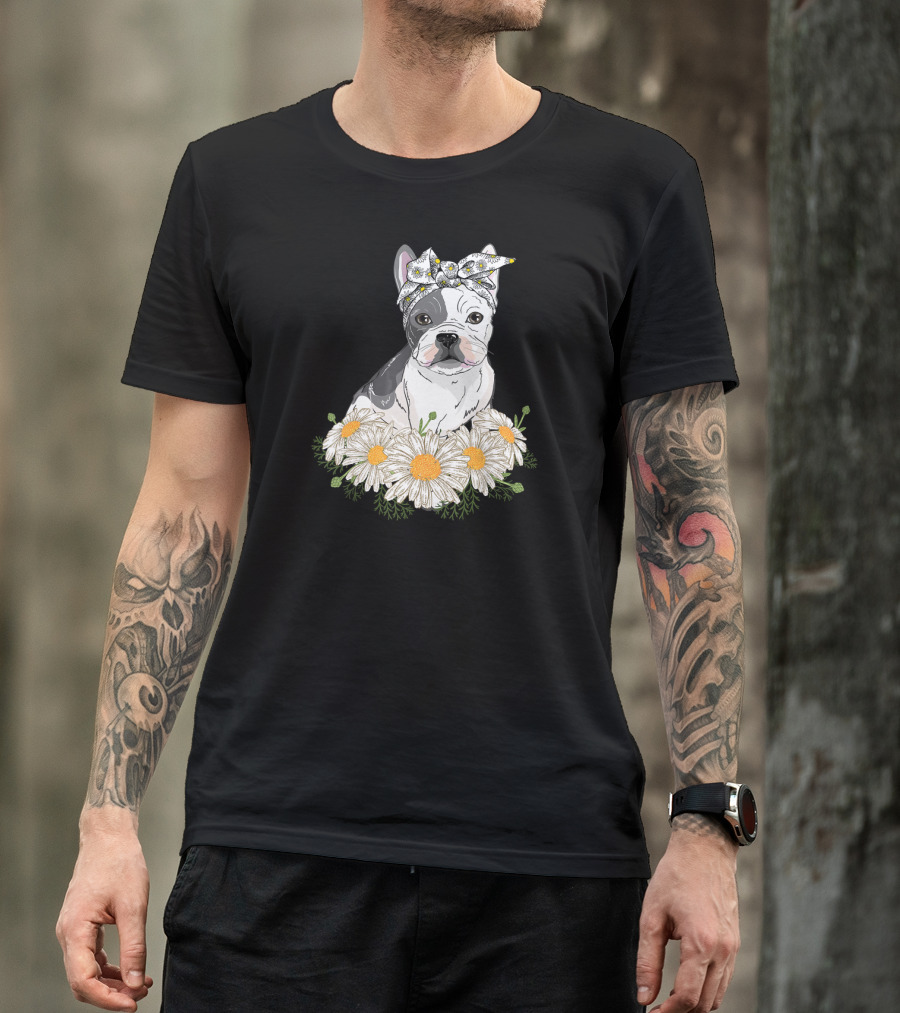 French Bulldog With Daisy Headband And Flower Garden T-Shirt
