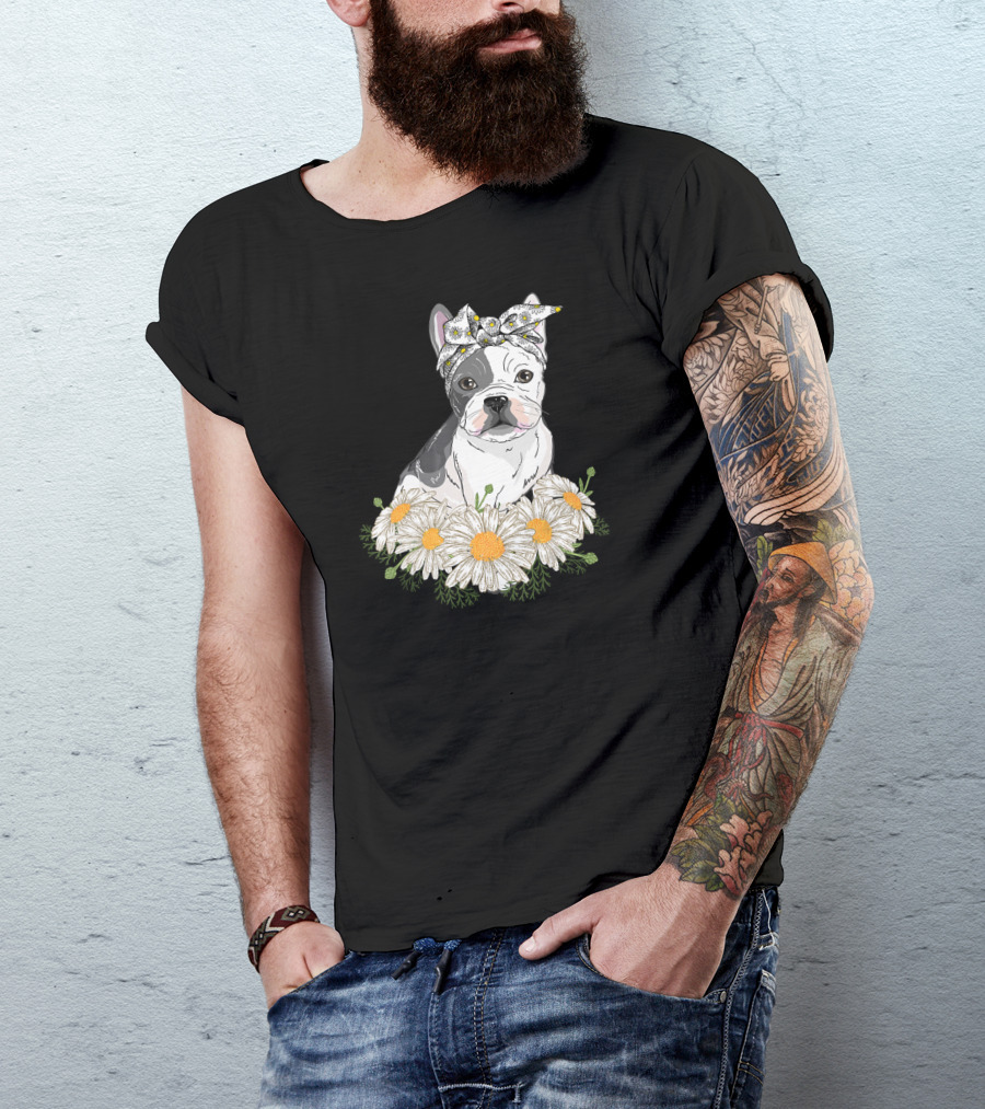 French Bulldog With Daisy Headband And Flower Garden T-Shirt