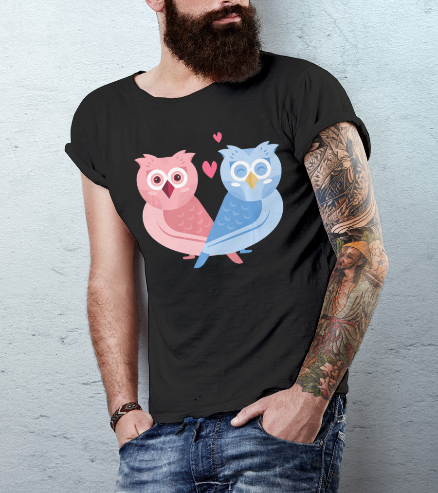 Cute Owls Birds In Love Couple With Hearts T-Shirt