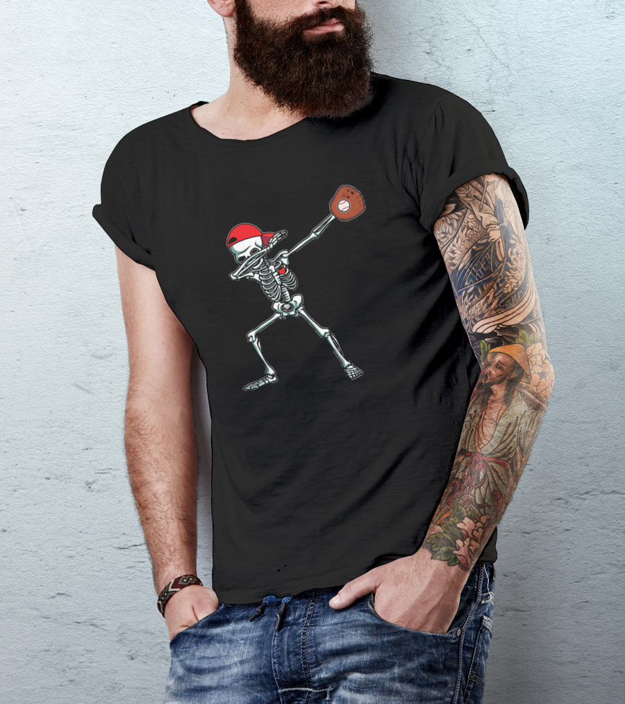 Skeleton Dabbing In Red Cap With Baseball Glove T-Shirt