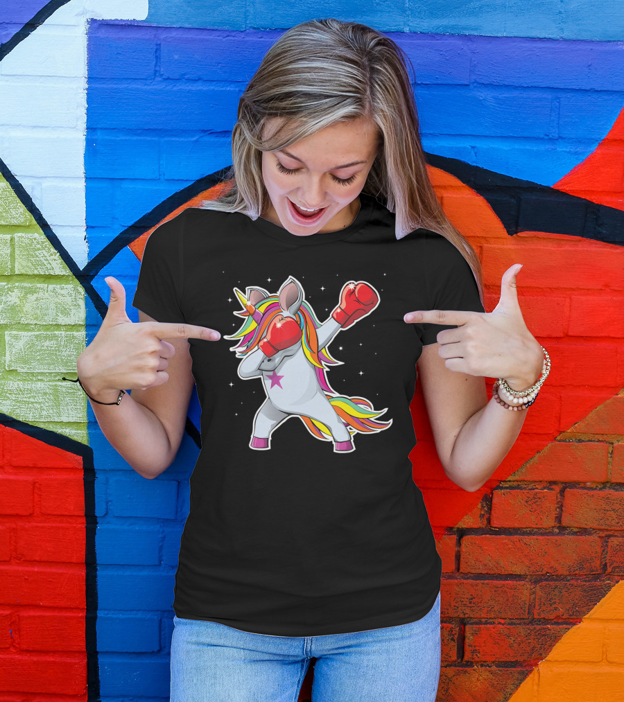 Dabbing Boxing Unicorn With Rainbow Mane And Red Gloves Girl Squad Rules T-Shirt