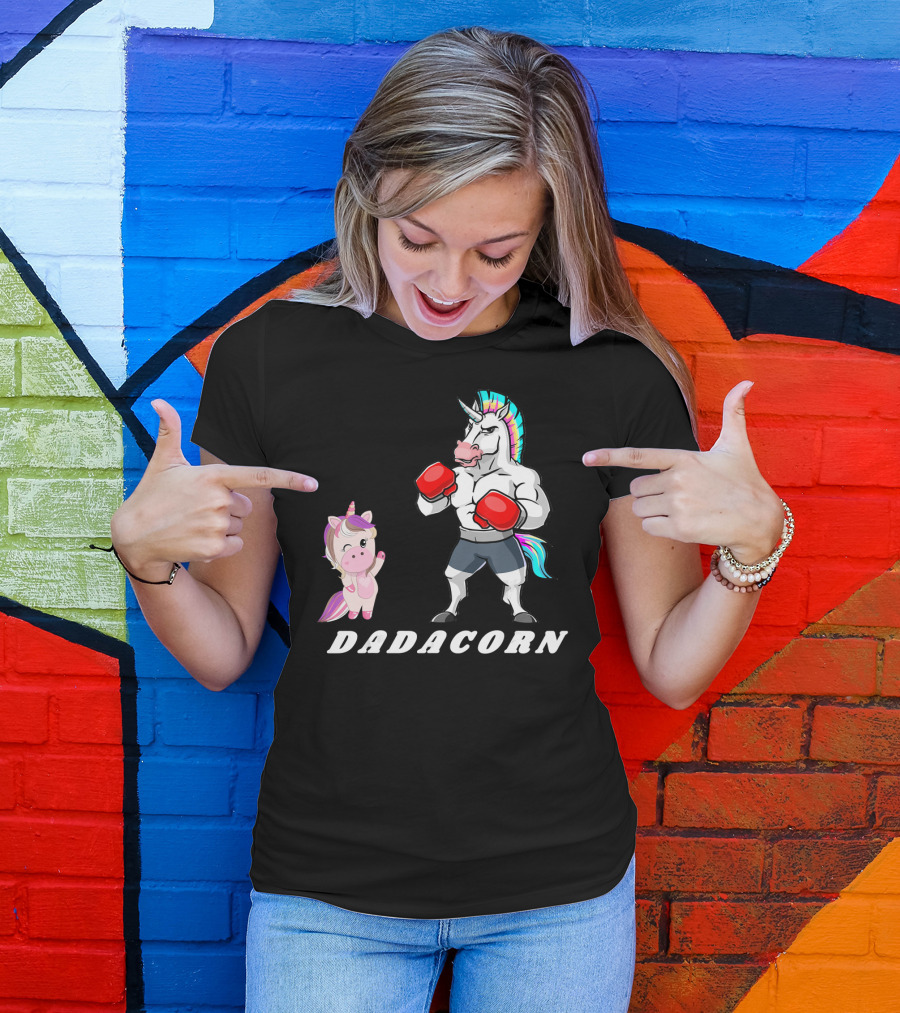 Dadacorn Boxing Unicorn Dad Baby With Muscle And Rainbow Mane T-Shirt