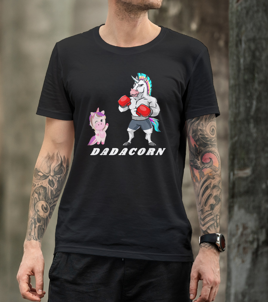 Dadacorn Boxing Unicorn Dad Baby With Muscle And Rainbow Mane T-Shirt