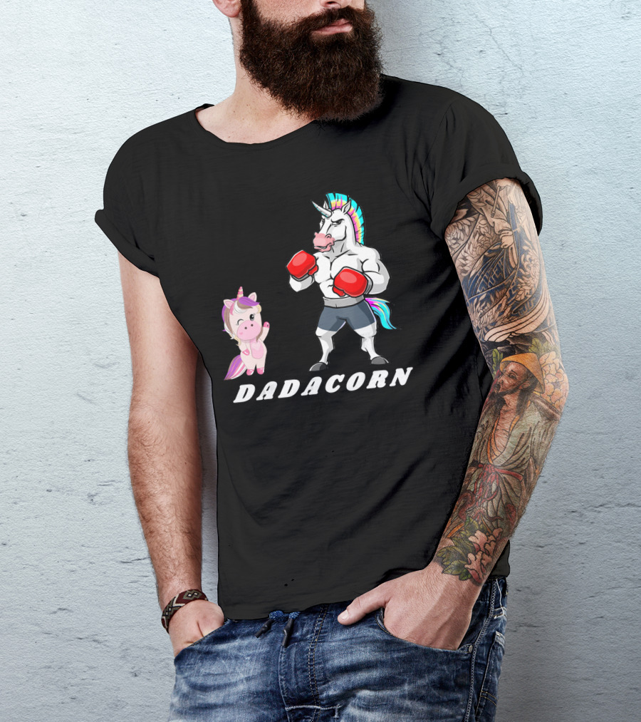 Dadacorn Boxing Unicorn Dad Baby With Muscle And Rainbow Mane T-Shirt