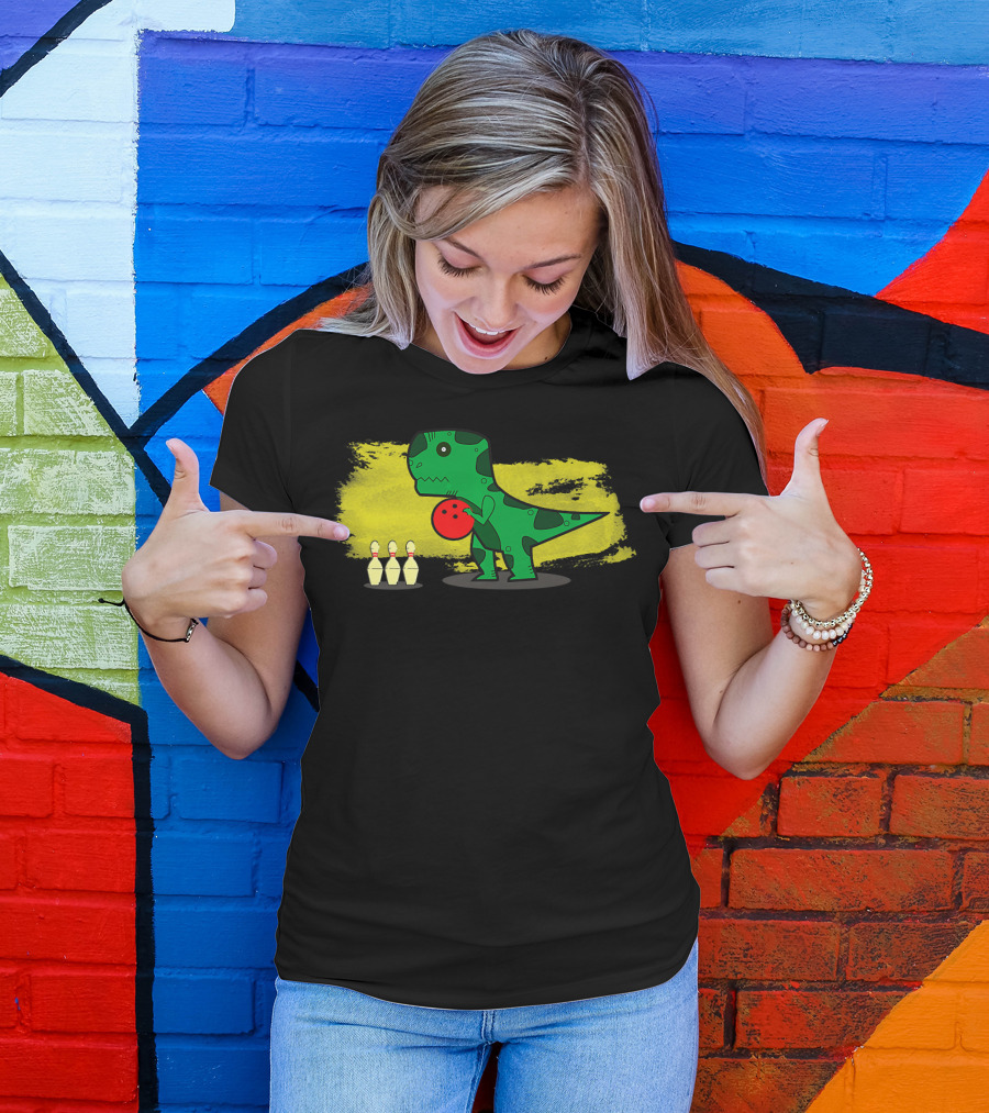 Dino Bowler With Red Bowling Ball And Pins In Yellow Splash Background T-Shirt