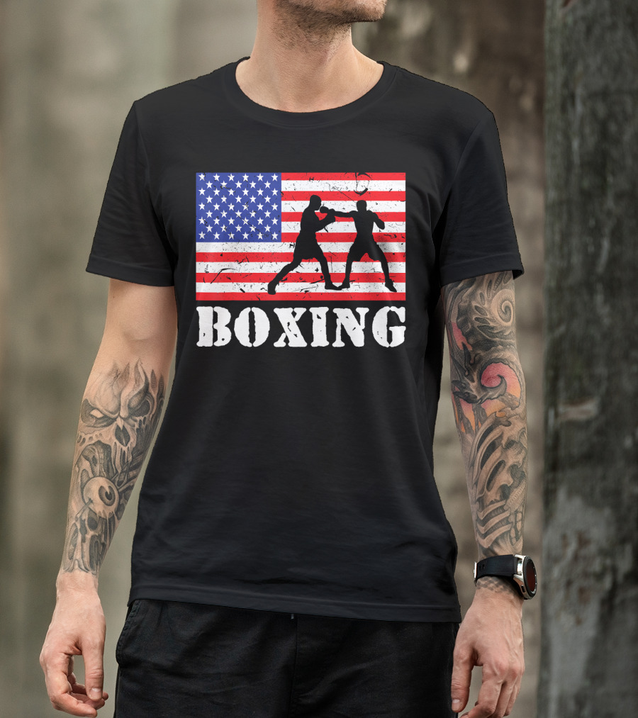 Distressed Boxing USA American Flag With Fighters T-Shirt