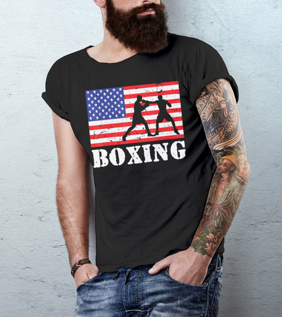 Distressed Boxing USA American Flag With Fighters T-Shirt