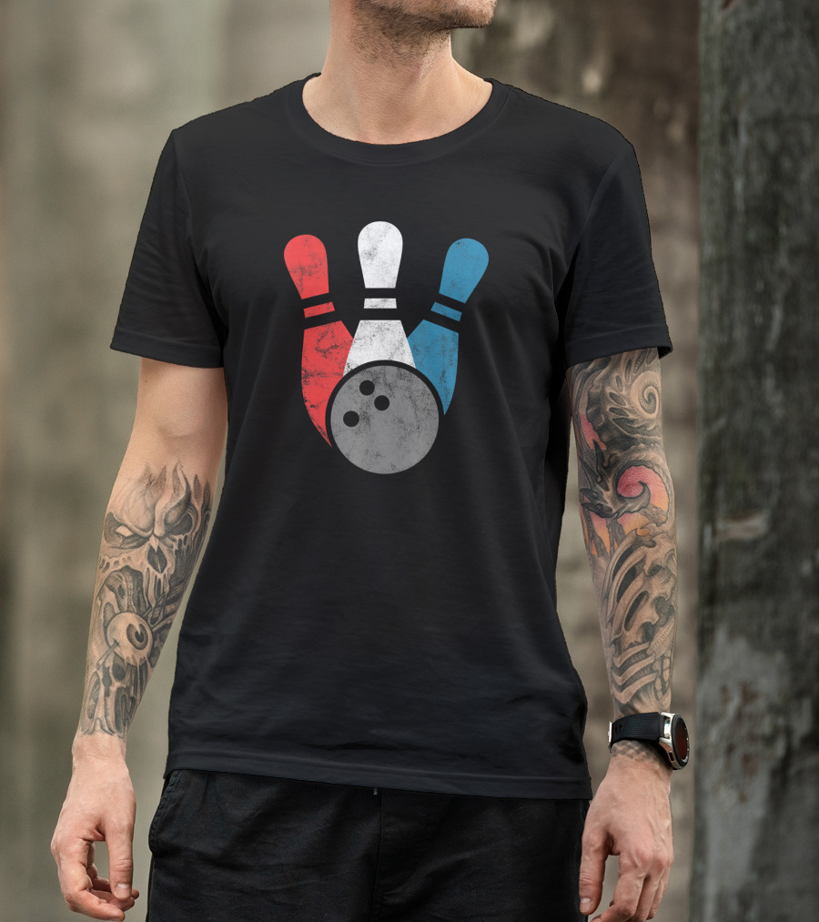 Distressed Bowling Red White Blue Bowling Pins T-Shirt