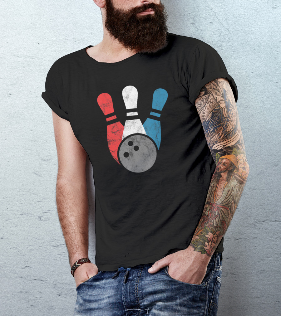 Distressed Bowling Red White Blue Bowling Pins T-Shirt