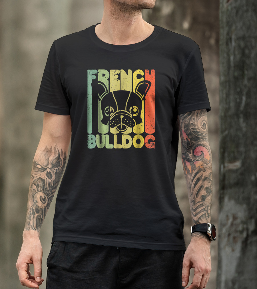 Distressed French Bulldog Vintage Rainbow Stripes T-Shirt